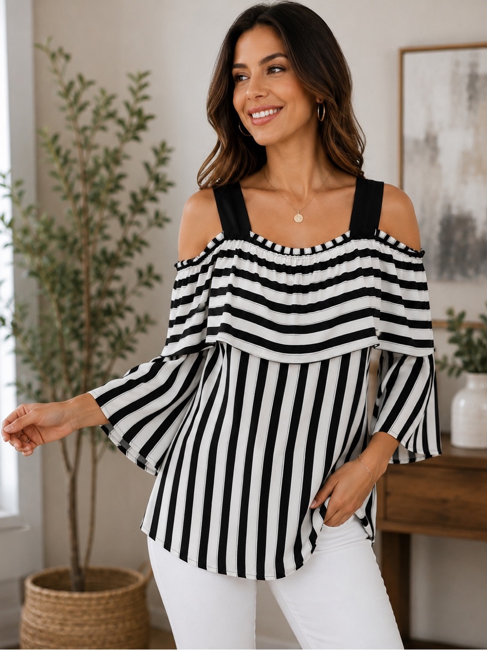 Chico’s NWT Striped Cold Shoulder Blouse Size 2 Black White